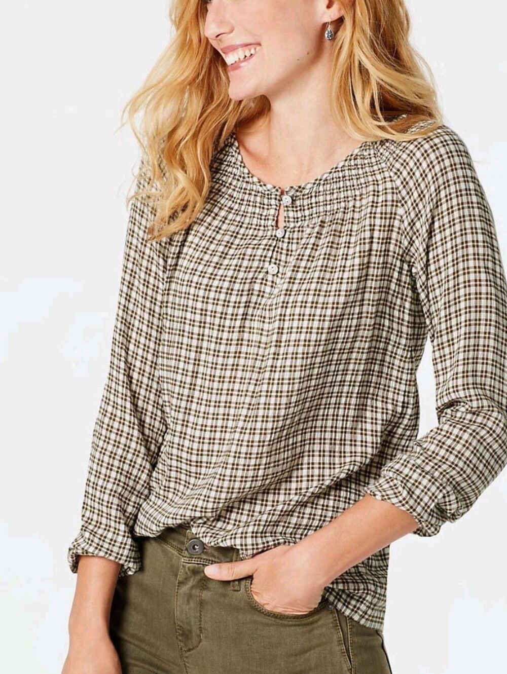 NWT J. Jill Gingham Plaid Smocked Peasant Blouse XL Loden Cream Relaxed